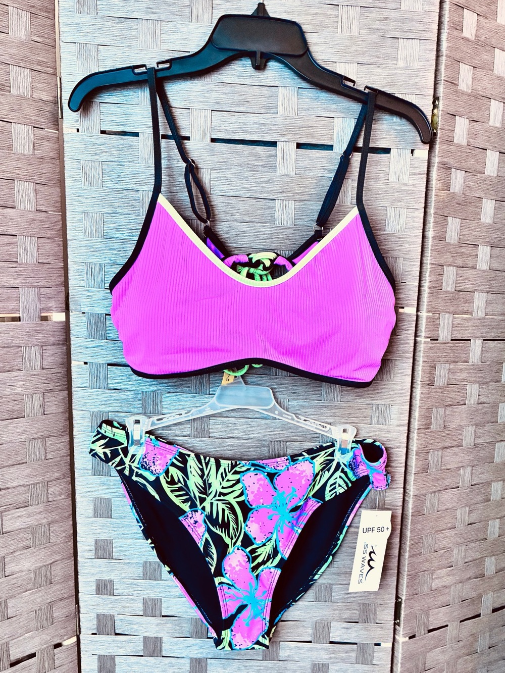 Neon Pink Ribbed Bikini Top with Black Tropical Floral Bottom